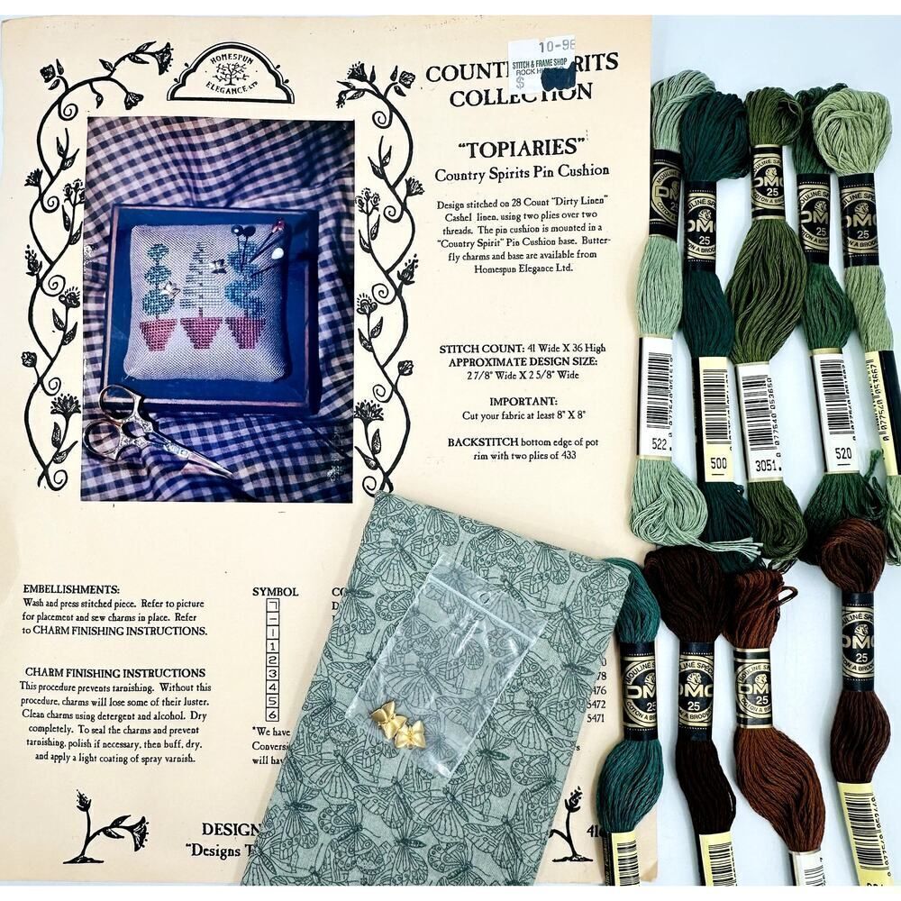 Homespun Elegance Cross Stitch Kit TOPIARIES Country Spirits Pin Cushion Charms
